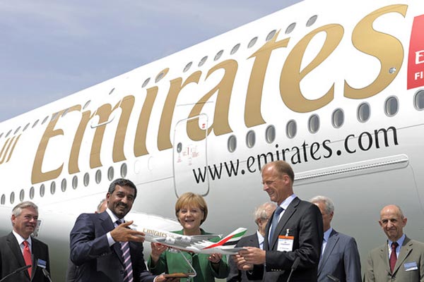 Sheik Ahmed bin Saeed Al Maktoum of Emirates Airline, German Chancellor Angela Merkel and Airbus CEO Thomas Enders  