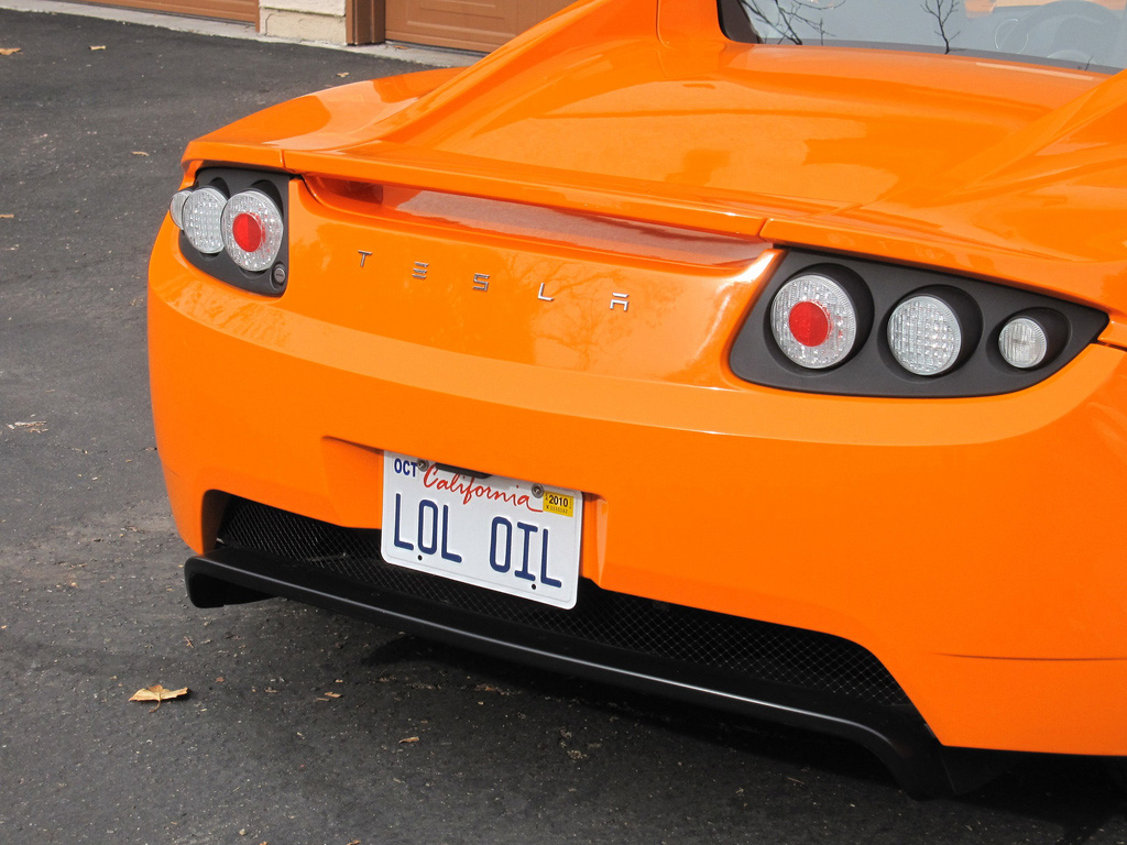 Tesla Roadster with LOL OIL License Plate