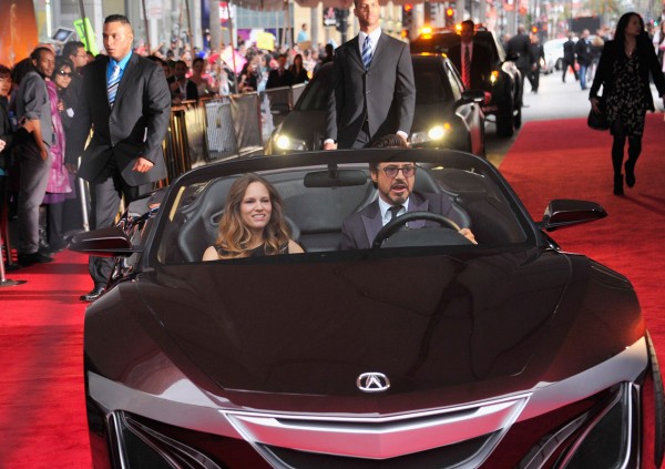 Robert Downey Jr. and his wife Susan arrived at The Avengers premiere in his character Tony Stark's Acura