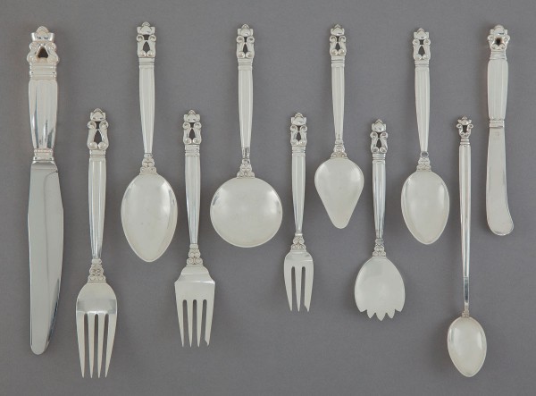 A ONE HUNDRED FORTY-NINE PIECE GEORG JENSEN SILVER FLATWARE SERVICE IN THE ACORN PATTERN