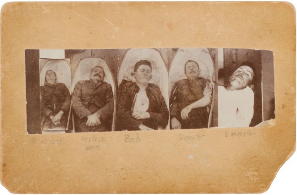 Rare cabinets of the Dalton gang, one showing the gang laid out in coffins following the Coffeyville Raid, estimate $4,000+
