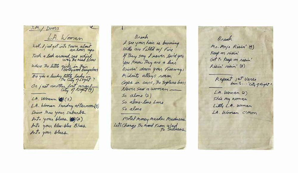 Set of complete handwritten lyrics in Jim Morrison's hand for the Doors song L.A. Woman