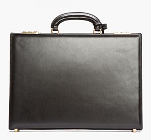 Black leather hardshell briefcase with gold tone