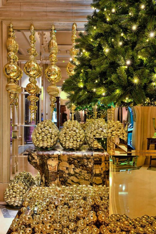 Electric Light Bulb Christmas Tree and Golden Reindeer at Four Seasons Hotel George V Paris