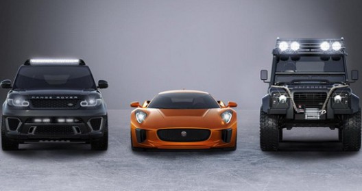 Jaguar C-X75 in this film will also appear Range Rover Sport SVR, as well as special Land Rover Defender Big Foot