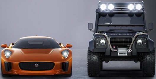 Jaguar C-X75 in this film will also appear Range Rover Sport SVR, as well as special Land Rover Defender Big Foot